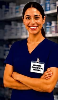 Pharmacy professional in navy scrubs wearing a Designated Representative-in-Charge badge, standing in front of pharmacy shelves